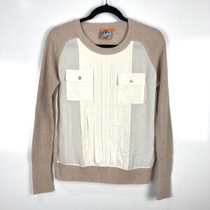 Tory Burch Cashmere Silk Pleated Pull Over Sweater Long Sleeve Tan Cream Size Sm